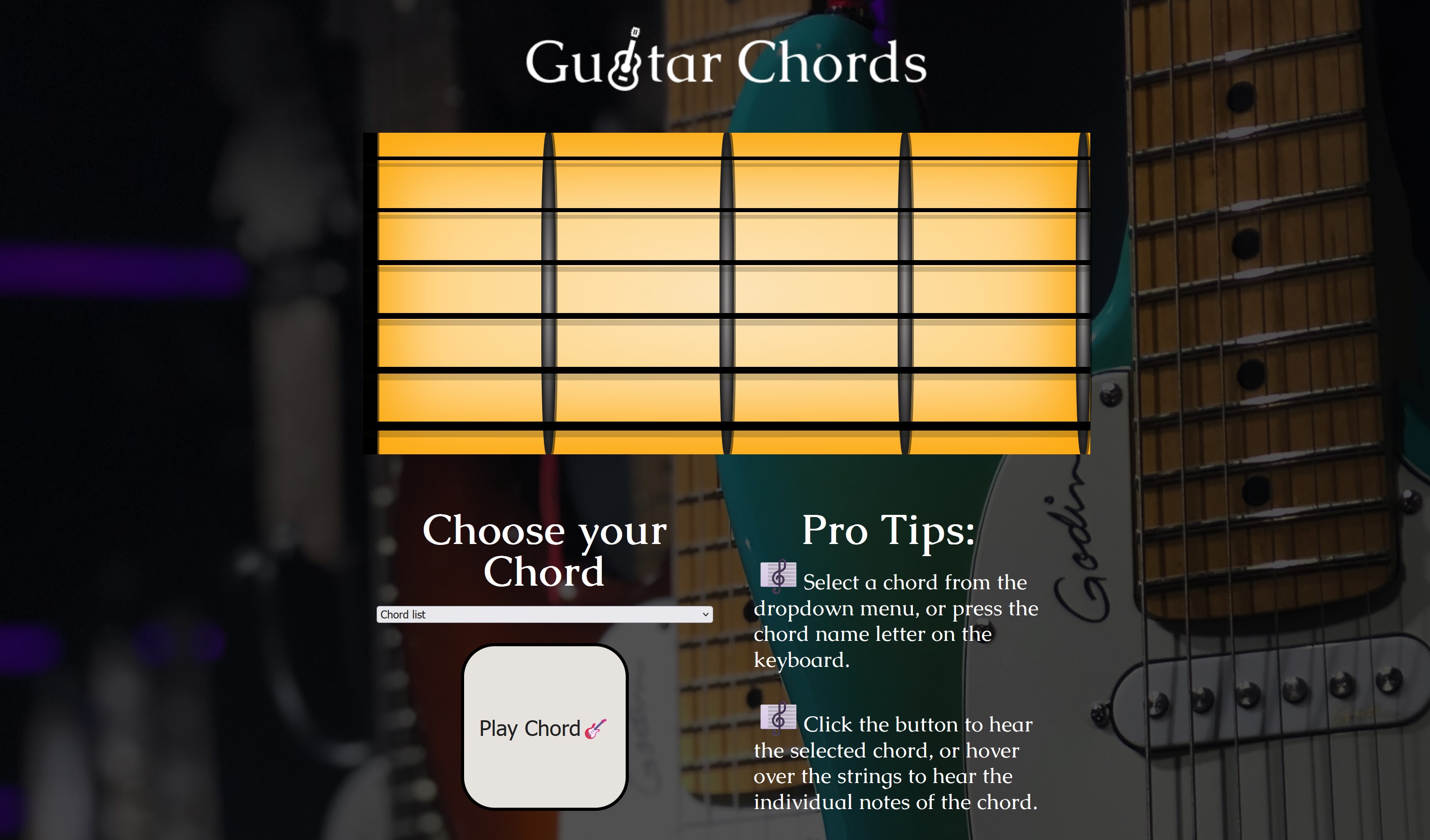 The stylish and sleek main page of the Guitar Chords application